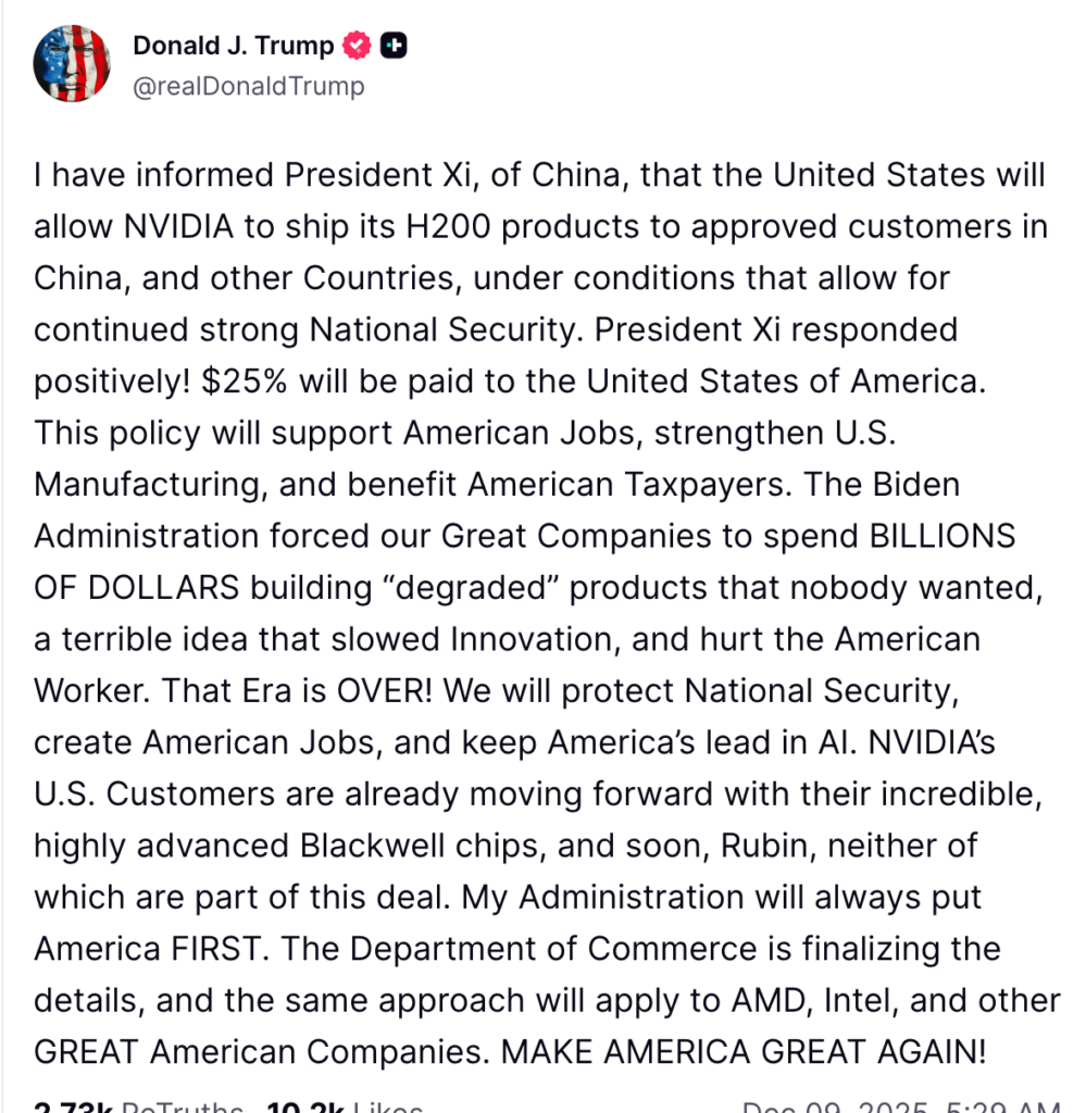 Trump mở Huida H200 để xuất khẩu sang Trung Quốc! Nhưng phải trả hoa hồng 25%, cuộc chiến chip Mỹ-Trung bước vào một mô hình mở khóa trả phí mới